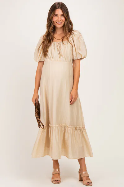 PinkBlush Beige Textured Woven Square Neck Maternity Midi Dress