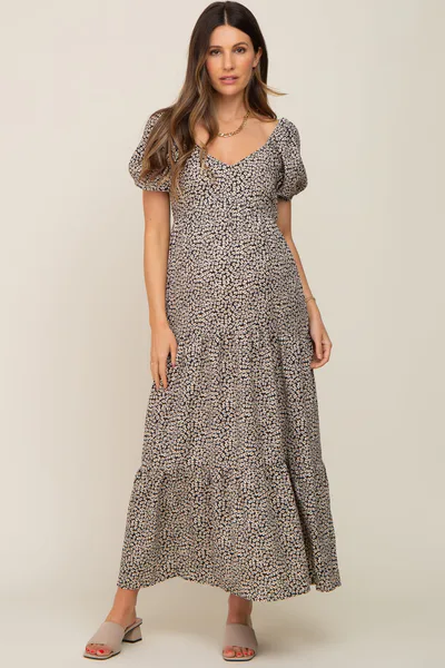 PinkBlush Ivory Floral Puff Sleeve Maternity Maxi Dress