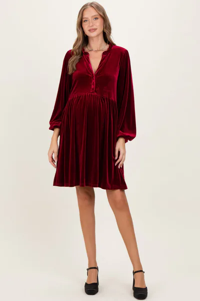 PinkBlush Burgundy Velvet Button Up V-Neck Maternity Dress