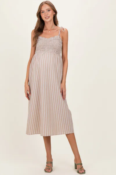PinkBlush Mocha Striped Smocked Shoulder Tie Maternity Midi Dress