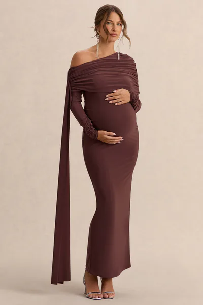 Club L London Cyra | Brown Asymmetric-Neck Maternity Maxi Dress With Sash