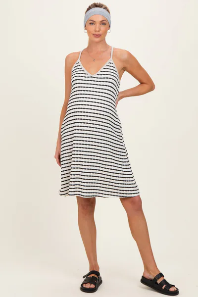 PinkBlush Ivory/ Black Striped Sleeveless Halter Maternity Mini Dress