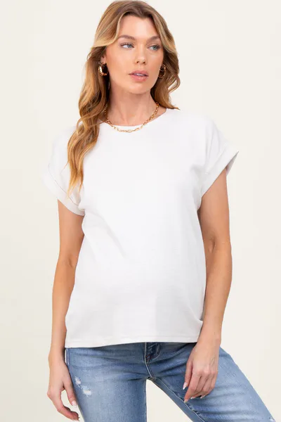 PinkBlush Cream Rolled Short Sleeve Maternity Tee