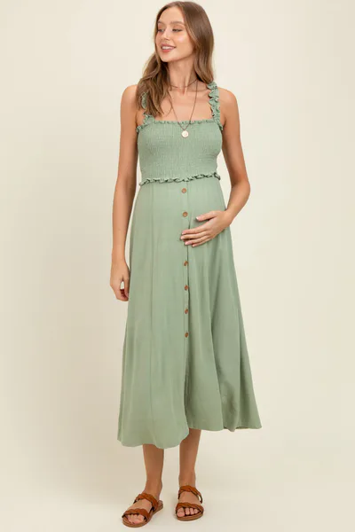 PinkBlush Sage Smocked Button Front Linen Blend Maternity Midi Dress