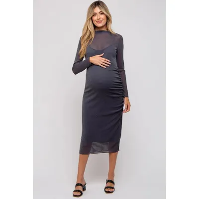 Target Pinkblush Charcoal Shimmer Mesh Long Sleeve Ruched Maternity Midi Dress Large