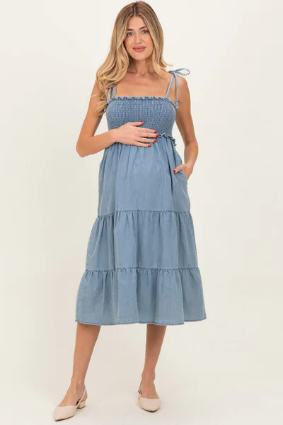 PinkBlush Light Blue Vintage Wash Denim Smocked Maternity Dress