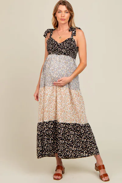 PinkBlush Multicolor Floral Colorblock Tier Shoulder Tie Maternity Maxi Dress