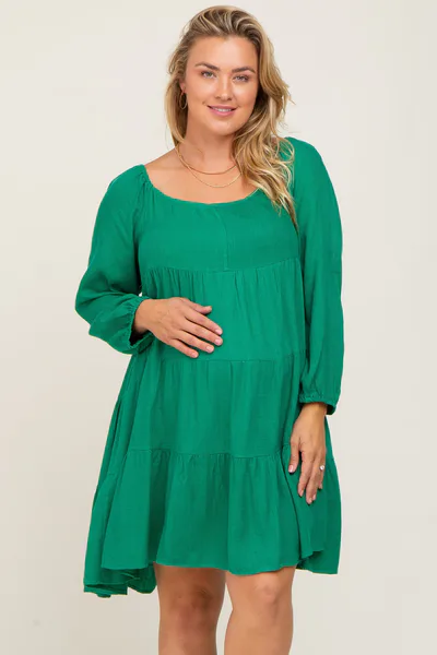 PinkBlush Green Tiered Long Sleeve Maternity Plus Dress