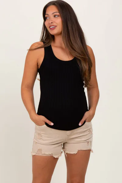 PinkBlush Beige Distressed Fringe Hem Maternity Jean Shorts