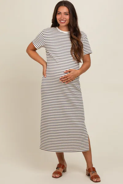 PinkBlush Navy Striped Short Sleeve Maternity T-Shirt Midi Dress