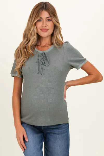 PinkBlush Olive Waffle Knit Lace-Up Maternity Top