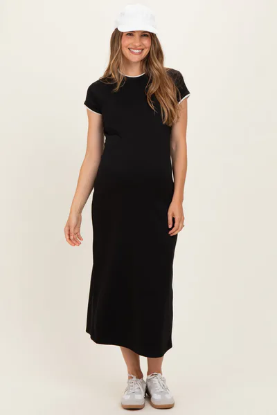 PinkBlush Black Contrast Trim Short Sleeve Maternity Midi Dress