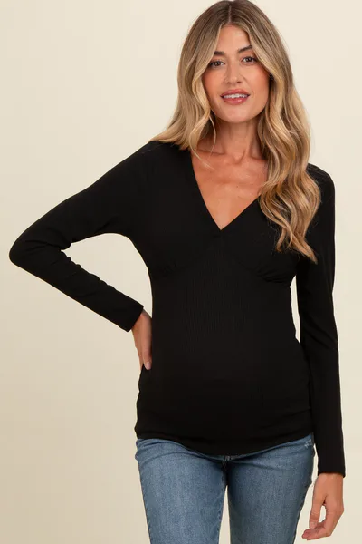 PinkBlush Black Ribbed V-Neck Long Sleeve Maternity Top