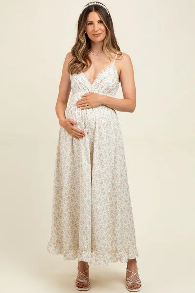 PinkBlush Mauve Floral Smocked Waist Ruffle Accent Maternity Midi Dress