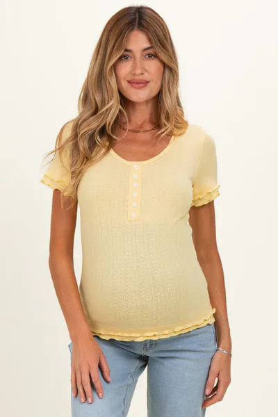 PinkBlush Banana Ruffle Trim Pointelle Knit Maternity Henley Top