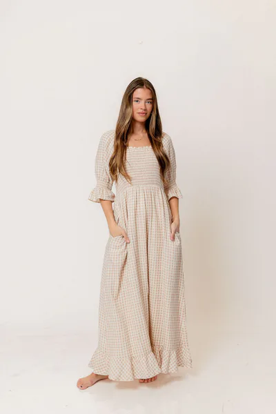 Worth Collective Sienna 100% Cotton Puff Sleeve Maxi Dress in Rose Plaid (Lined) - Bump Friendly