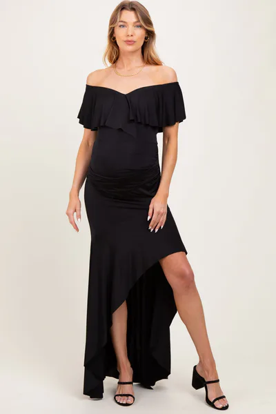 PinkBlush Black Off Shoulder Ruffle Hi-Low Maternity Maxi Dress