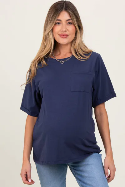 PinkBlush Navy Oversized Pocket Front Short Sleeve Maternity Top