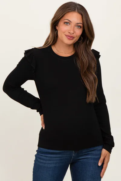 PinkBlush Black Ribbed Knit Ruffle Detail Maternity Long Sleeve Top