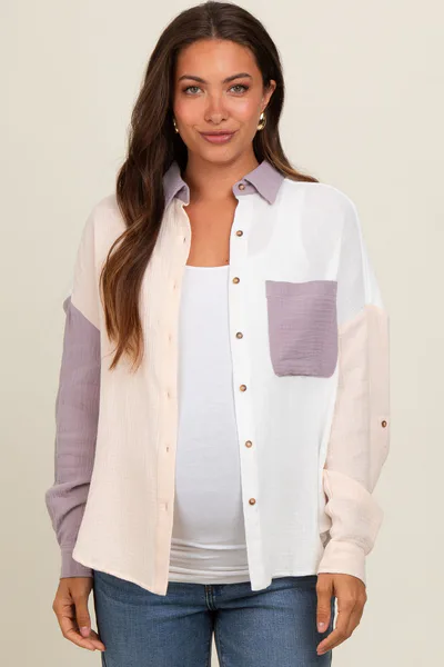 PinkBlush Lavender Lightweight Colorblock Maternity Button Up Top