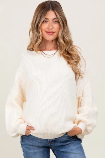 PinkBlush Cream Balloon Sleeve Boat Neck Knit Maternity Sweater