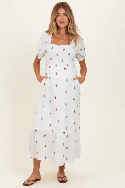 PinkBlush Ivory Embroidered Smocked Maternity Midi Dress