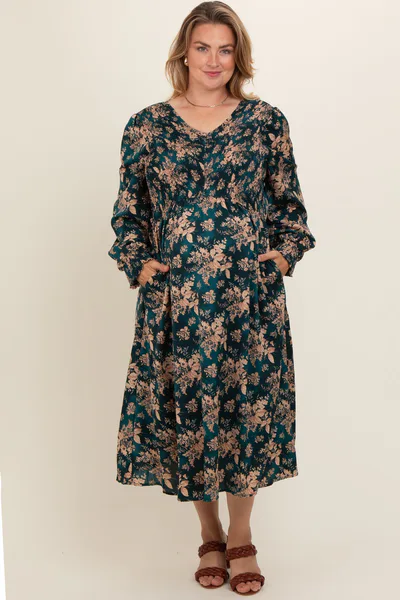 PinkBlush Dark Teal Floral Plus Maternity Midi Dress