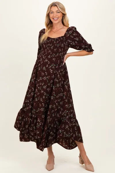 PinkBlush Sepia Floral Smocked Handkerchief Hem Maternity Maxi Dress