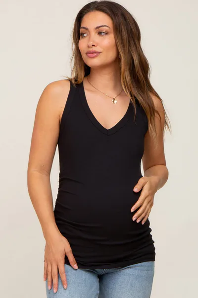 PinkBlush Black Ribbed Sleeveless Ruched Maternity Tank Top