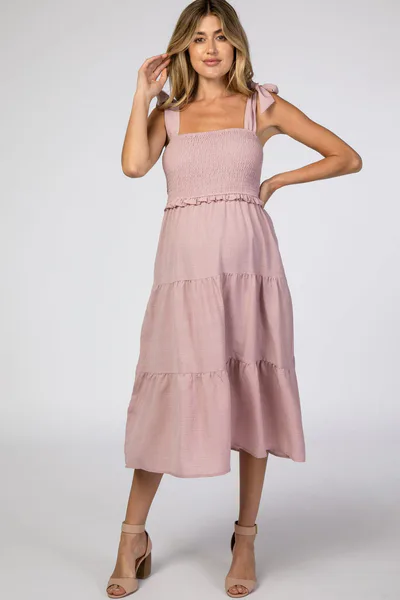 PinkBlush Mauve Bow Strap Tiered Maternity Midi Dress