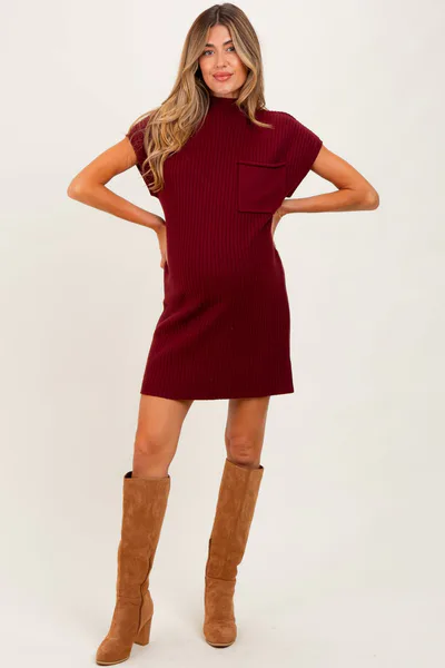 PinkBlush Burgundy Ribbed Knit Maternity Short Sleeve Sweater Dress