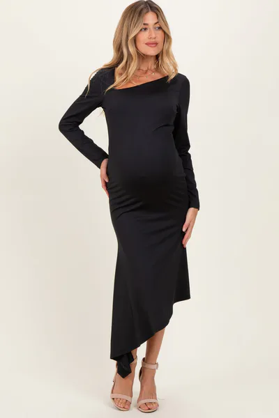 PinkBlush Black Asymmetric Hem Maternity Midi Dress