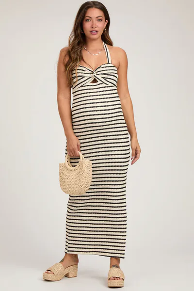 PinkBlush Ivory Striped Twist Front Halter Maternity Midi Dress