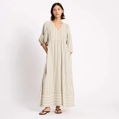 For The Creators Linen Stripe V Neck Dress
