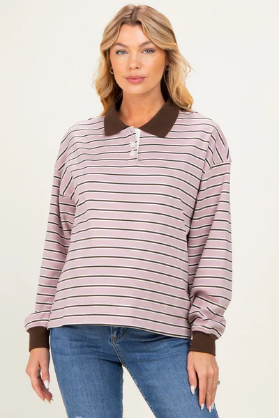 PinkBlush Mauve Striped Long Sleeve Polo Maternity Top