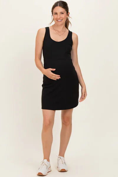 PinkBlush Black Ribbed Maternity Active Romper Dress