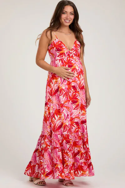 PinkBlush Orange Floral Sleeveless Ruffle Hem Maternity Maxi Dress