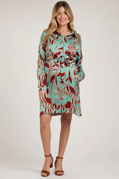 PinkBlush Brown Leaf Print Satin Button Down Maternity Dress