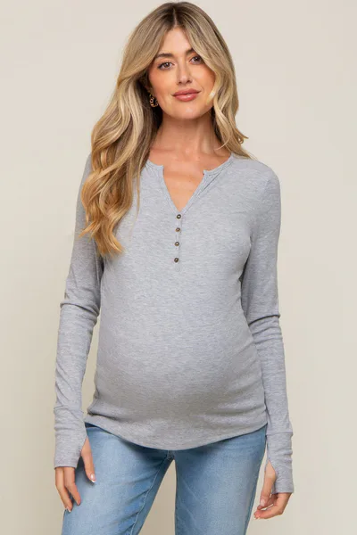 PinkBlush Heather Grey Button Front Long Sleeve Maternity Top