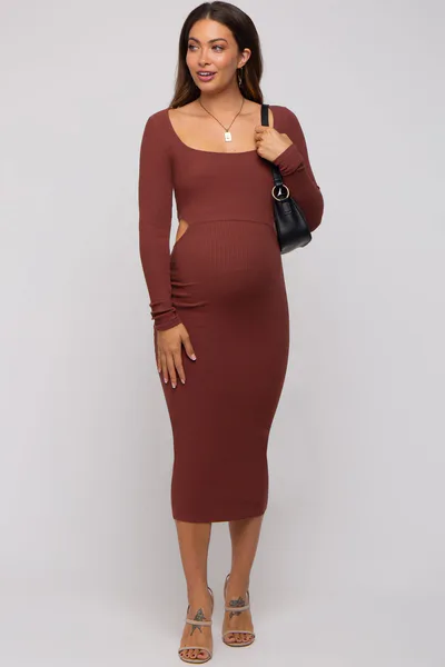 PinkBlush Brown Rib Knit Side Cutout Maternity Midi Dress