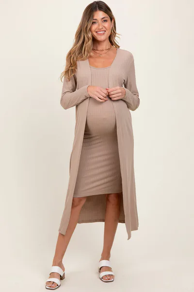 PinkBlush Cream Ribbed Cardigan 2 Piece Maternity Set