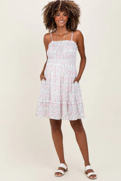 PinkBlush Ivory Floral Smocked Waist Ruffle Accent Maternity Dress