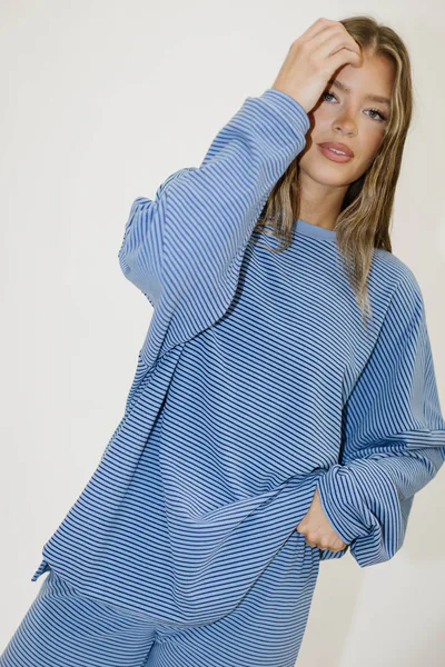 Worth Collective Naomi Mini Stripe Oversized Long Sleeve Top in Azure - Bump Friendly