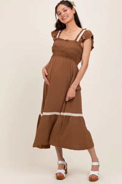 PinkBlush Mocha Smocked Lace Detail Maternity Midi Dress