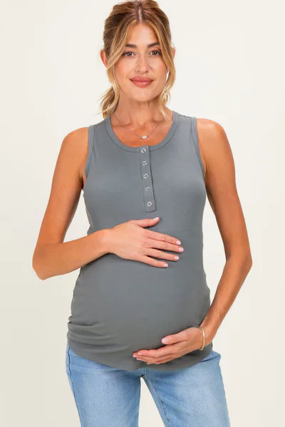 PinkBlush Olive Ribbed Sleeveless Henley Maternity Tank Top