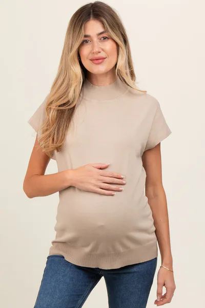 PinkBlush Beige Mock Neck Knit Maternity Top
