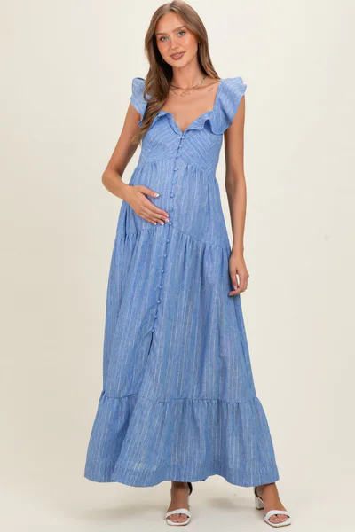 PinkBlush Blue Striped Flounce Neckline Button Down Maternity Maxi Dress