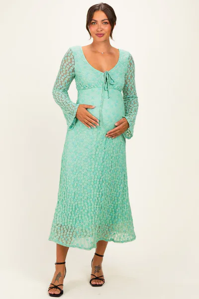 PinkBlush Mint Green Floral Lace Long Bell Sleeve Maternity Midi Dress