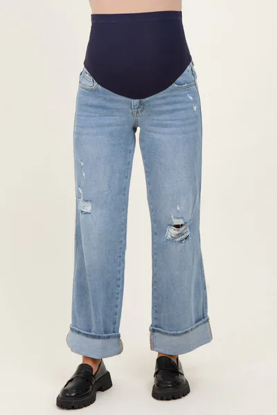 PinkBlush Light Blue Distressed Knee Cuffed Ankle Wide Leg Maternity Jeans