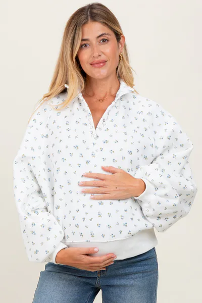 PinkBlush Ivory Floral Bubble Sleeve Snap Collar Maternity Sweatshirt